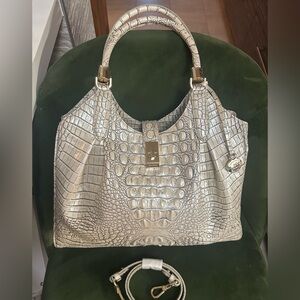 Large Brahmin Leather Tote in Metallic Silver, Like New